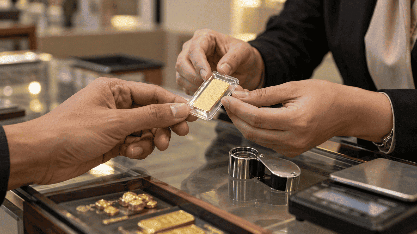 1. A customer and shop assistant inspecting a packaged gold bar at a jewelry counter.