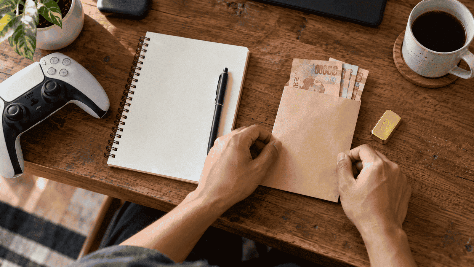 A gamer reviewing his budget with a notebook and calculator, with a packaged gold bar on his desk.